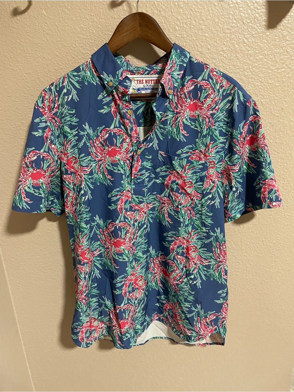 Hawaiian Crab Print Short Sleeve Shirt - Navy/Red